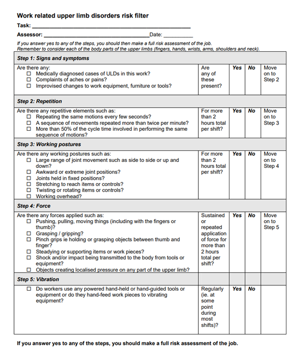 Upper limb risk filter HSE