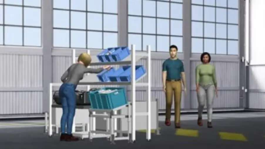 Digital human model of a 5th percentile female assessing reach and posture within a modelled workspace